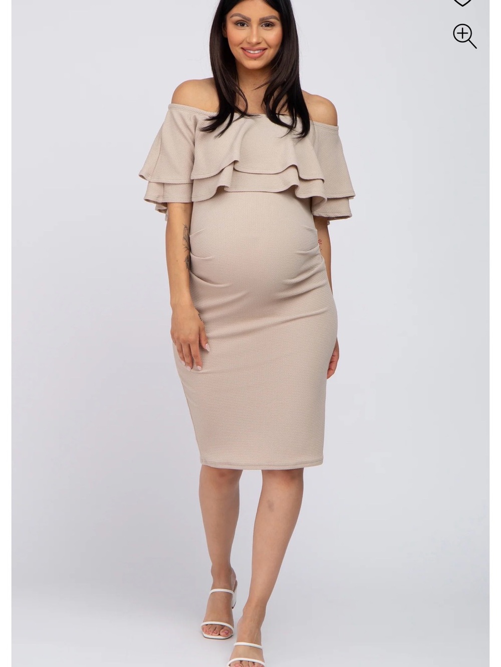 Pinkblush Beige Off-Shoulder Ruffle Maternity Dress
